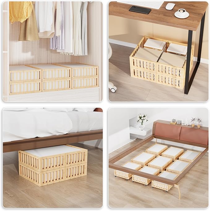 Bamboo Under Bed Storage with Wheels (2-Pack) – Rolling Underbed Shoe Organizer Box for Shoes, Blankets, Toys, Clothes Container Space-Saving Organizer Bins for Bedroom, Closet, Dorm, Nursery