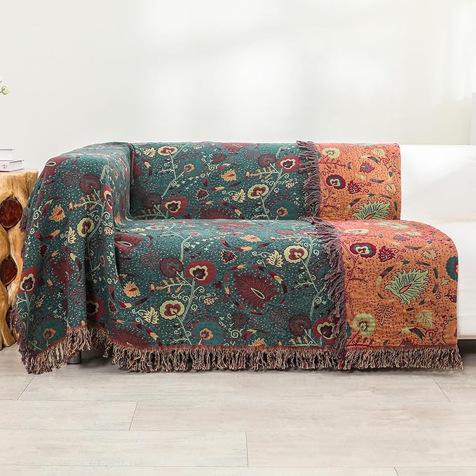 Boho Throw Blanket for Bed,100% Ultra Cotton Soft Breathable Bed Throw Floral Printed Farmhouse Decor Rustic Bed Throws for Couch Sofa Quilt 60" x 80"