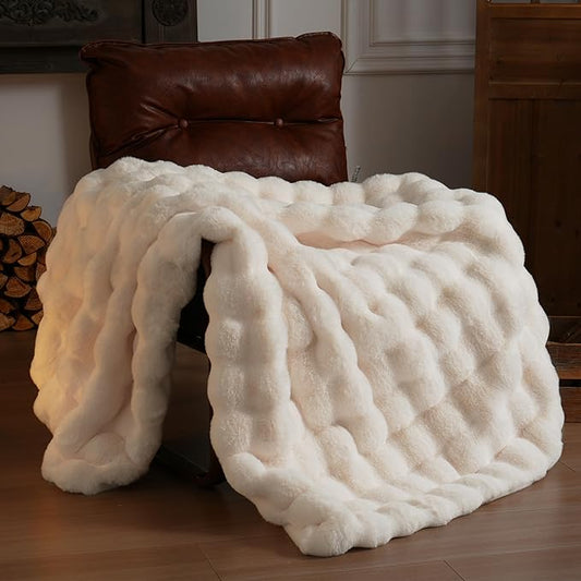 BENVWE Faux Fur Throw Blanket for Couch - Thickened Fluffy Soft Bubble Blanket for Living Room Home Decor - Mothers Day Birthday Gifts for Women Men, Cream White, 50" x 60", 1300GSM