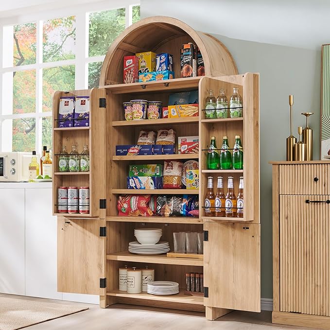 71" Tall Arched Bathroom Storage Cabinet, Modern Fluted Storage Cabinet w/Doors, 3 Adjustable Shelves, 6 Door Shelves, Wood Freestanding Cabinet for Bathroom, Entryway, Hallway, Natural