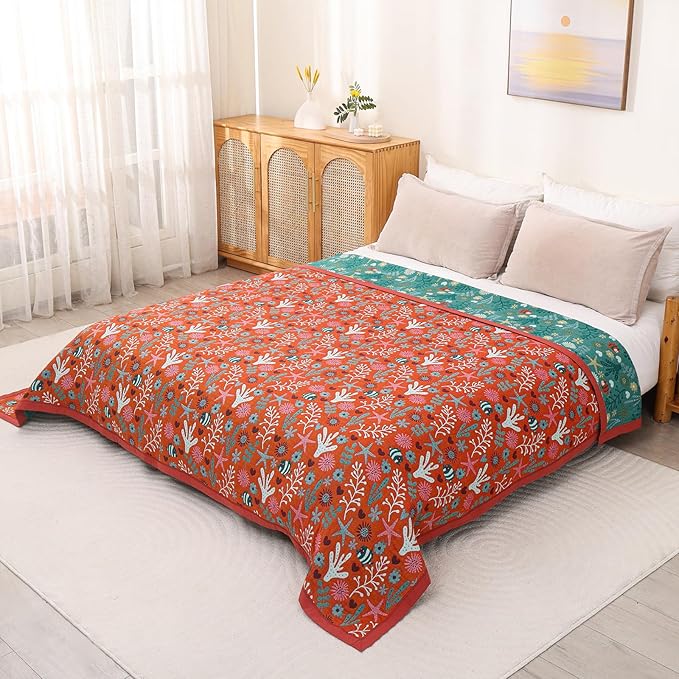 Boho Throw Blanket 90''x98'',100% Cotton Blankets for Couch Bed,Cotton Quilt Travel Muslin Blankets Farmhouse Home Decor Soft Lightweight Picnic Blanket