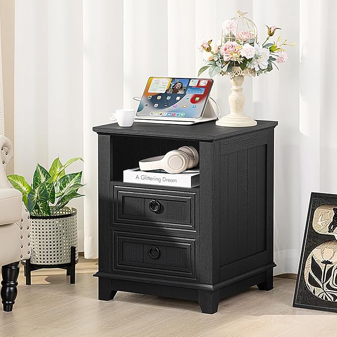 18" Farmhouse Night Stand with Charging Station, 2 Drawers End Table Dresser for Bedroom, Black Wooden Nightstand, Bed Side Table with Open Shelf, Bedside Cabinet for Living Room, Closet
