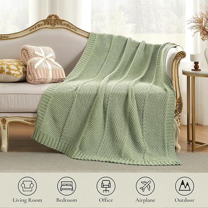 Amélie Home Chenille Knit Throw Blanket for Couch, Chevron Texture Decorative Soft Blanket for Sofa, Bed & Chair, 60"x80", Sage Green