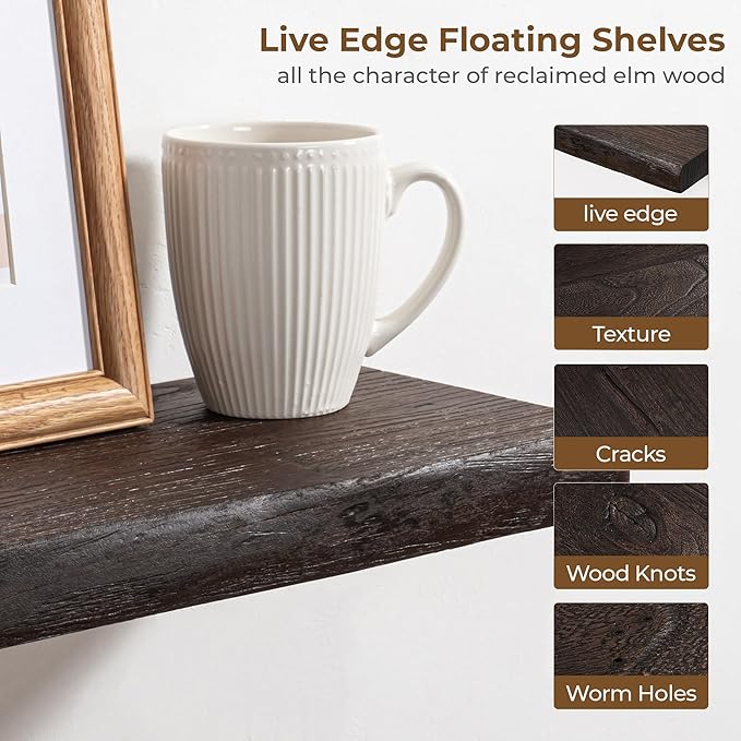 Axeman 36 inch Floating Shelves for Wall - 8'' D Live Edge Rustic Solid Elm Wood Floating Shelves Wall Mounted, Wall Shelves with Invisible Bracket for Living Room Bedroom Kitchen, Set of 2 Walnut