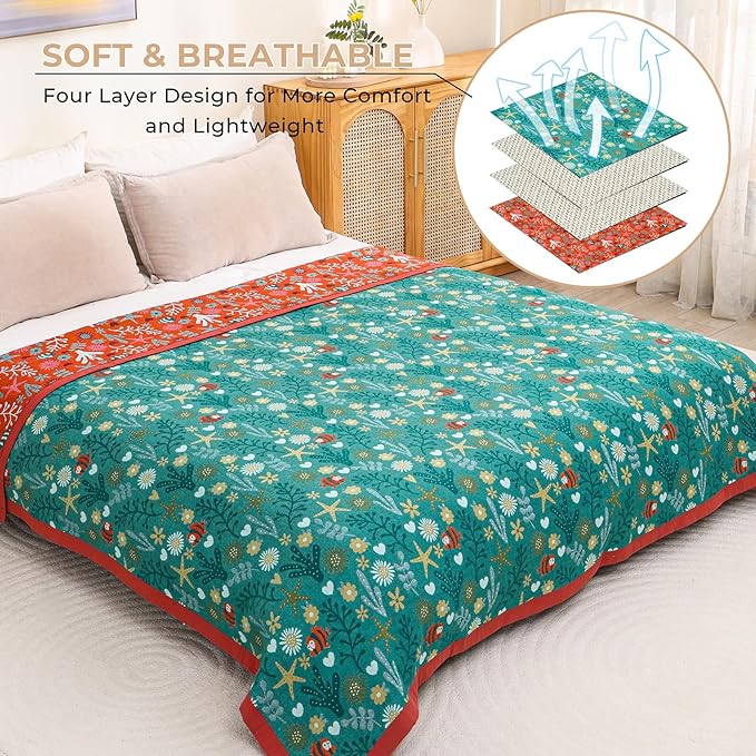 Boho Throw Blanket, 100% Organic Cotton Skin-Friendly Breathable Ultra Soft Bed Quilt Throw - All Season Blue & Red FishFarmhouse Decor Blanket for Sofa Couch Chair and Gift. 60" x 80"