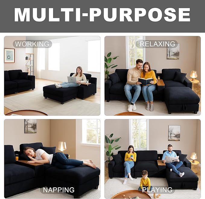 120.3" Modern L-Shaped Sectional Sofa with 360°Swivel Drop-Down Table, Storage Armrest, USB Ports & Movable Storage Ottoman – Plush Linen Cloud Couch for Lounge (Black)