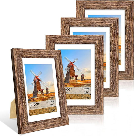 4x6 Picture Frame Set of 4, 4 x 6 Wood Photo Frames with Mat for 3.5x5, Natural Wooden Frame with Real Glass Cover for Wall and Tabletop Display,Rustic Brown