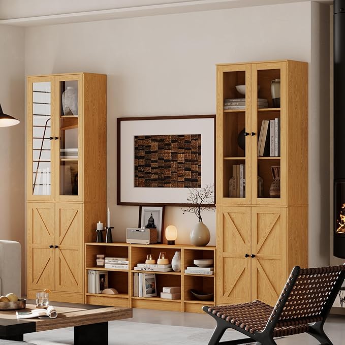 Bookcase with Doors, Tall Cabinets Storage Shelves, 5 Tier Bookshelf with Storage Cabinet, Light Wood Rustic Display Shelf Home Decor Furniture for Office, Living Room, Bedroom, Kitchen, Dining Room