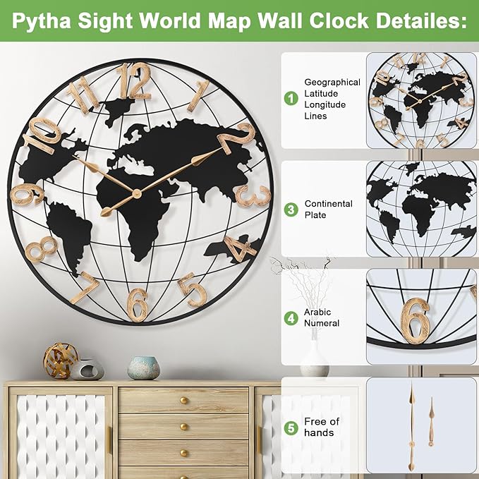 36 Inch Extra Giant Oversized Black Metal Wall Clock,Large Modern Decorative Silent World Map Wall Clock with Vintage Gold Arabic Numeral for Living Room,Entrance Fireplace,Dining Room Decor