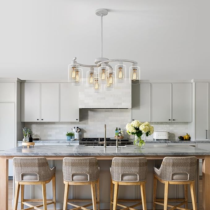 9-Light Antique White Chandelier with Clear Glass Shade, French Country Chandeliers for Dining Room, Adjustable Height Hanging Chandelier for Kitchen Island Living Room Foyer Bedroom