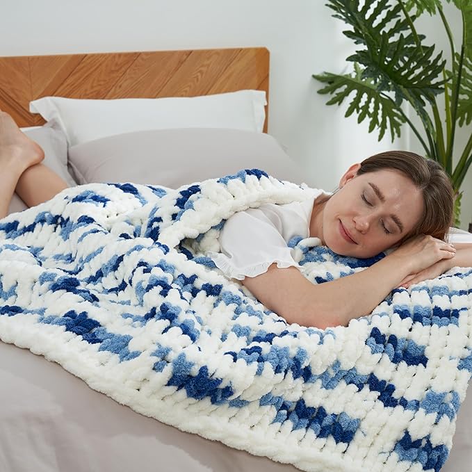 Amélie Home Chunky Knit Throw Blanket for Couch, Soft Chenille Crochet Blanket for Sofa, 50"x60", Space-Dyed Blue Striped