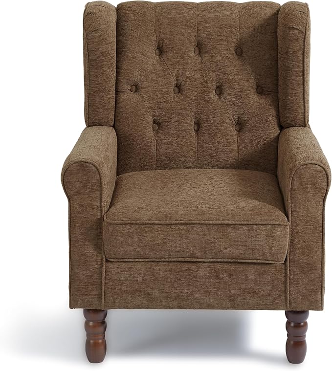Accent Chair, Upholstered Armchair with Button Tufted High Back & Solid Wood Legs, Comfy Wingback Reading Single Sofa Chair for Small Spaces, Living Room, Bedroom (Brown, Set of 2)