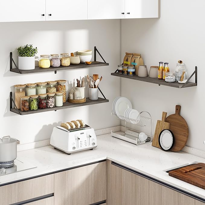 Heimlove 36 Inch Floating Bookshelves Set of 3,Wall Bookshelf Heavy Duty Wall Mounted Bookshelves for Living Room,Bedroom,Kitchen,Laundry Room Storage & Decor,Silver Grey