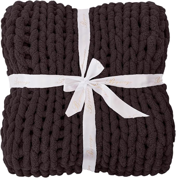 Bigacogo Chunky Knit Throw Blanket for Couch, 51x63 inches, 100% Hand Knitted with Thick Jumbo Chenille Yarn, Cozy Soft Large Rope Knot Cable Crochet Blankets for Sofa Bed Living Room, Chocolate