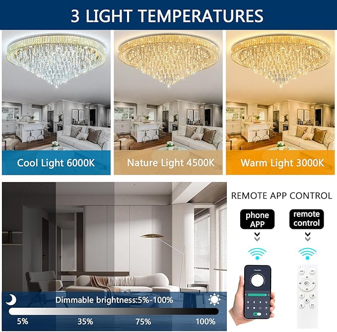 53.7'' Modern Crystal Big Large Chandeliers LED Dimmable Flush Mount Ceiling Chandeliers for Living Room High Ceiling Entrance Foyer Lobby Bedroom Gold