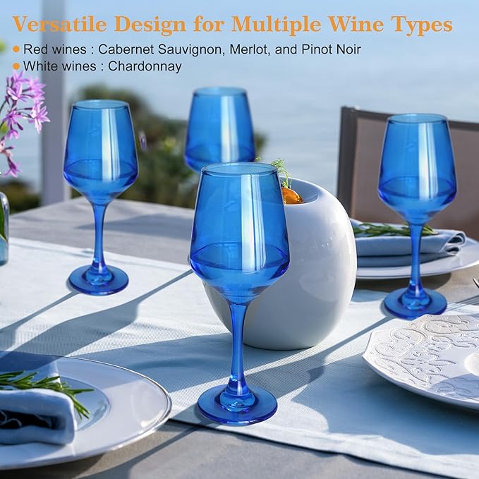 Blue Wine Glasses Set of 6-14oz Blue Long Stem Wine Glass, Pretty Crystal Glassware, Hand Blown Goblets Drinkware, Unique Stemware Wine Glass Holiday Gift Set