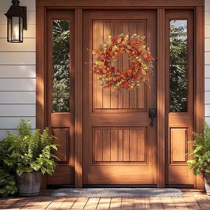 22 inch Artificial Fall Wreaths for Front Door,Autumn Wreath with Large red Berries and Fall Leaves Suitable for Indoor Outdoor Wall Porch Harvest Festival Thanksgiving Day Farmhouse Holiday Decor.
