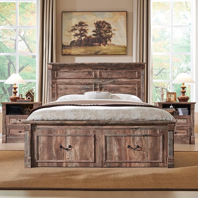 26" Tall Farmhouse Nightstand Set of 2, 2 Drawers End Table w/Charging Station, 23.6" Wide Large Side Table w/Roman Column, Wood Rustic Sofa Table w/Open Shelf, Bedside Table for Bedroom, Light Brown
