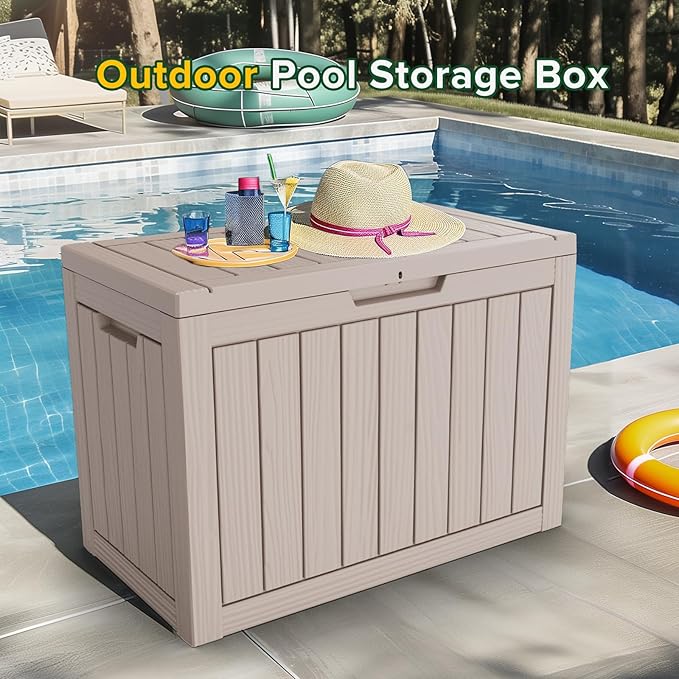 46 Gallon Outdoor Deck Box,Storage Lockable Waterproof Patio Furniture,Garden Tools,Cushions,Pool Accessories Outside Storage Resin Box(Light Brown)