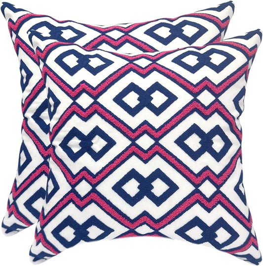 Alysheer Embroidered Decorative Throw Pillow Cover 18"x 18" Set of 2, Classic Boho Geometric Embroidery Pattern Cotton Rectangular Cushion Case for Sofa Couch Living Room Bedroom (Blue Pink)