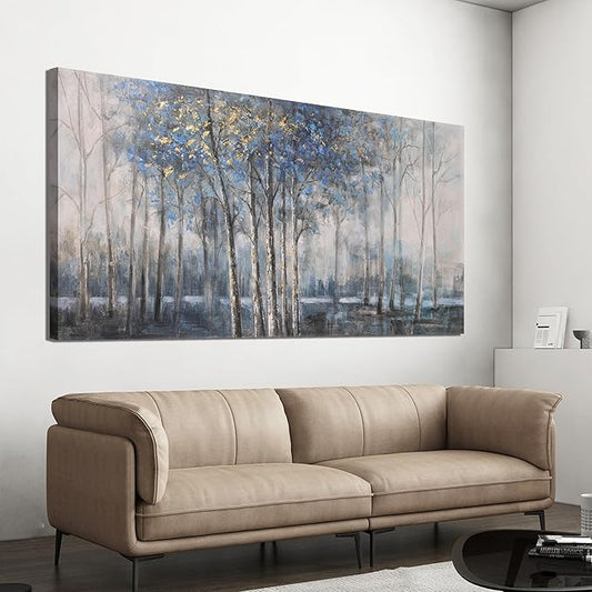 Canvas Wall Art Decor Pictures Wall Decor Prints Modern Wall Art Decor Large Gold Wall Art Blue Grey Misty Botanical Textured Artwork for Walls For Room Living Room Bedroom Office Wall Decor 29"X58"