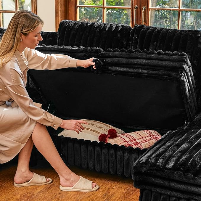 Belffin Plush Corduroy Modular Sectional Sofa with Pull Out Bed Convertible Small Sectional Corner Couch for Living Room Black Couch