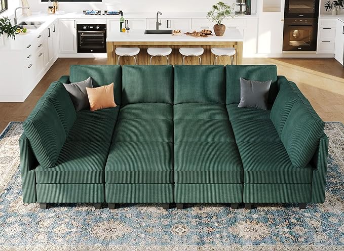 Belffin Oversized 12 Seat Modular Sectional Sleeper Sofa Convertible Sleeper Sectional Sofa with Storage Seat Large Corduroy Modular Couch for Living Room Green