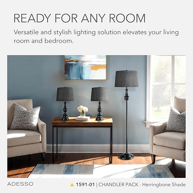 Adesso 3-Piece Lamp Set: Two Table Lamps & One Floor Lamp – Bronze Finished Base, Dark Herringbone Shade, Stylish and Cohesive Lighting for Any Space