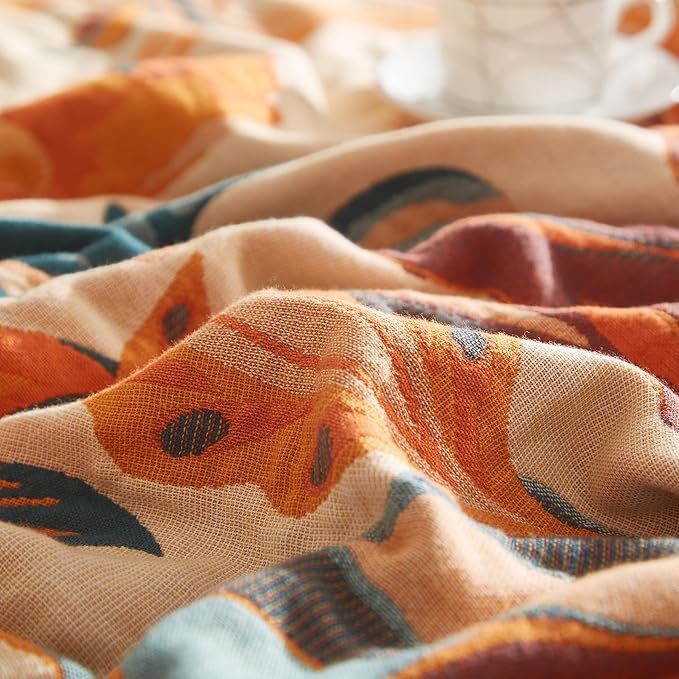 Boho Throw Blanket for Couch Sofa Bed, 100% Cotton Woven Quilt with Tassel 80”x90”, Super Soft Muslin Blanket with Floral Printed, Decorative Reversible Bed Blanket/Cover for All Seasons