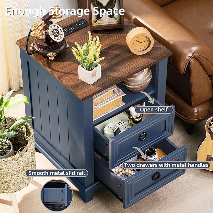 18" Farmhouse Night Stands Set of 2 with Charging Station, 2 Drawers End Table Dresser for Bedroom, Blue Wooden Nightstand, Bed Side Table with Open Shelf, Bedside Cabinet for Living Room