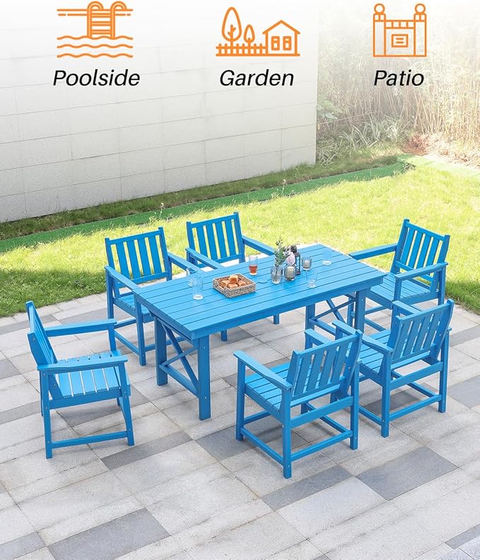 HDPE Patio Dining Set, 5-Piece Outdoor Table and Chairs with Umbrella Hole, Modern Outdoor Dining Set for 4, HDPE Outdoor Patio Furniture Dining Sets for Deck, Poolside, Porch, Sky Blue