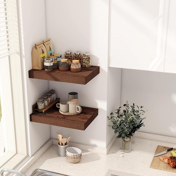 12 Inch Deep Floating Shelves, 16 x 12 Floating Shelf for Books, Rustic Wood Deep Wall Shelves for Home Storage & Display, 2" Thicked Shelves for Kitchen, Living Room, Bedroom, Walnut Color, 2 Pack