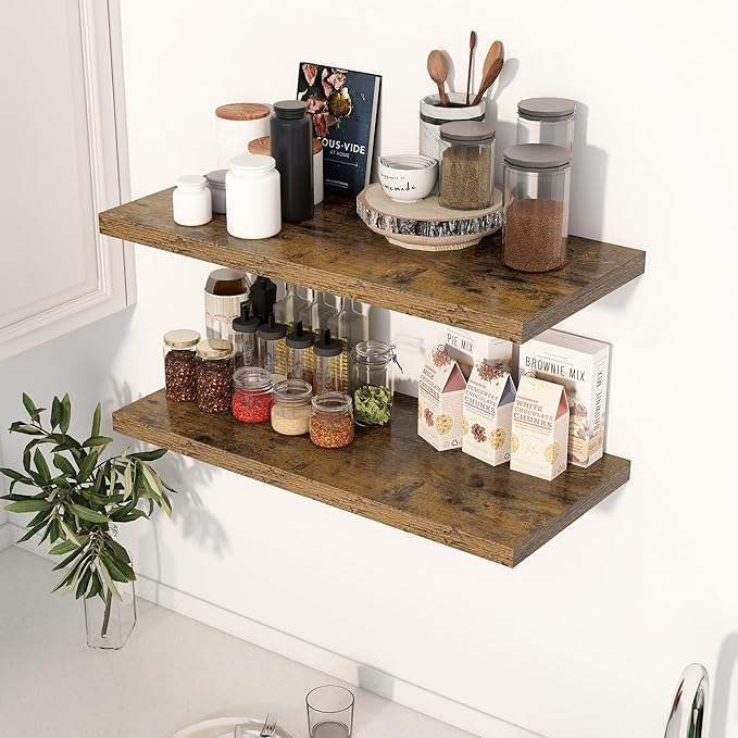 30" Floating Shelves for Wall, 12" Deep Slim Rustic Brown Floating Shelves, Wall-Mounted Shelves for Bedroom, Living Room, Kitchen, Bathroom - Set of 2