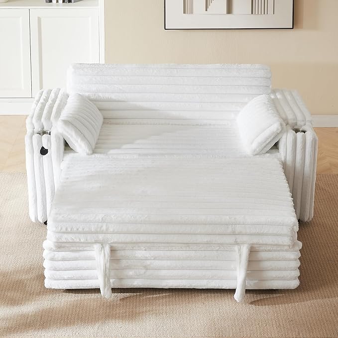 68.11" Corduroy Sleeper Chair Bed with USB Port, Cup Holders & Side Storage Pockets – 3-in-1 Foldable Sofa Bed for Guest Room, Living Room -White