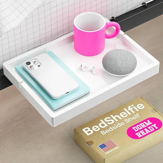 BedShelfie Bedside Shelf for Bunk Bed & Top Bunk, College Dorm Room Essentials, Loft Nightstand, Floating Bed Side Table Tray Storage, Dorm Room Decor by Smallish - (Flexfit Model, White)