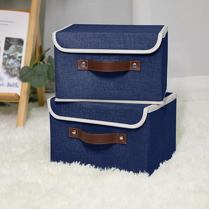 ANMINY 2PCS Storage Bins with Lid PU Leather Handles Storage Boxes PP Plastic Board Decorative Foldable Lidded Cotton Linen Fabric Home Cubes Baskets Closet Organizer Containers - Blue, Small Size