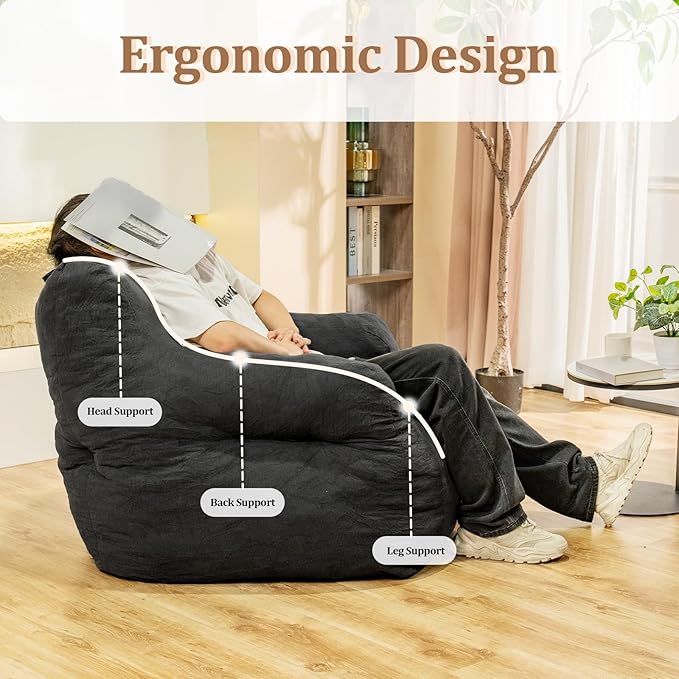 Bean Bag Chairs for Adults Ergonomic Support Reading Floor Sofa Chair with Filler Spacious (Grey) (Standard)