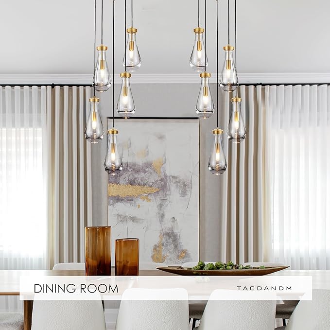 5-Light Raindrop Pendant Light Fixtures, Brass Glass Pendant Lighting, Teardrops Modern Hanging Light for Entryway Foyer Kitchen Island Dining Living Room Hallway