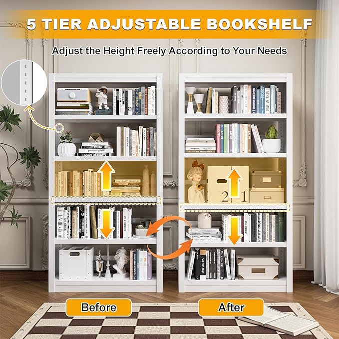 Bookshelf, 5 Tier Bookshelf with Adjustable Shelves, 69" H Tall Bookcase, Metal Bookshelves and Heavy Duty Bookcases for Living Rooms, Home Offices, Library, 10 Minutes Assemble