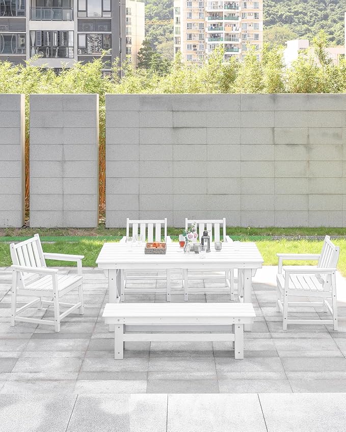 HDPE Outdoor Dining Set of 6, Patio Dining Table Set with 4 Chairs and 1 Bench, 6 Pieces HDPE Dining Set with Umbrella Hole, Outdoor Furniture Sets for Deck, Poolside, Garden, Pearl