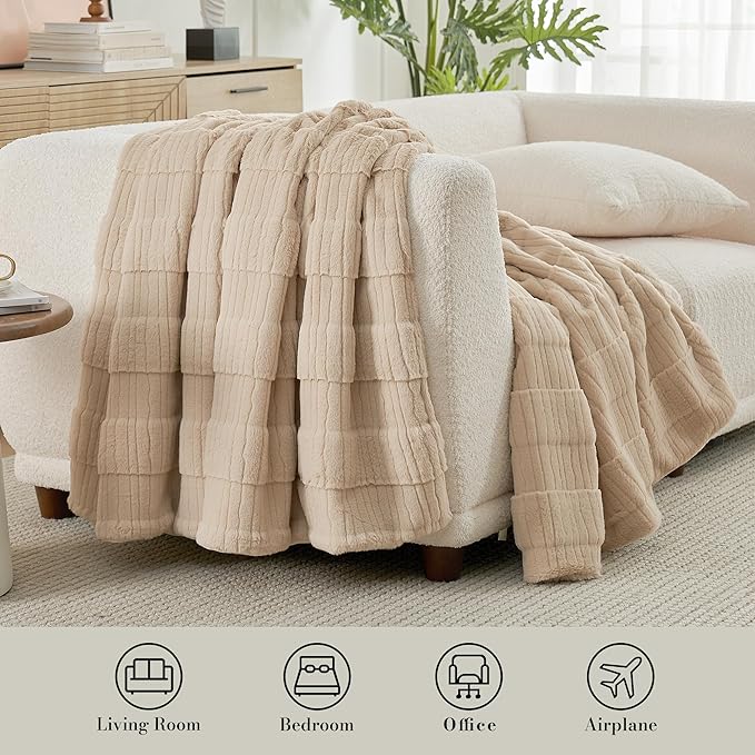 Amélie Home Luxury Striped Faux Fur Throw Blanket for Couch, Embossed Split Fur Cozy Fuzzy Fluffy Luxurious Soft Plush Sofa Chair Bed Gift Blankets for Women Men Wife Friend, 88"x90", Beige