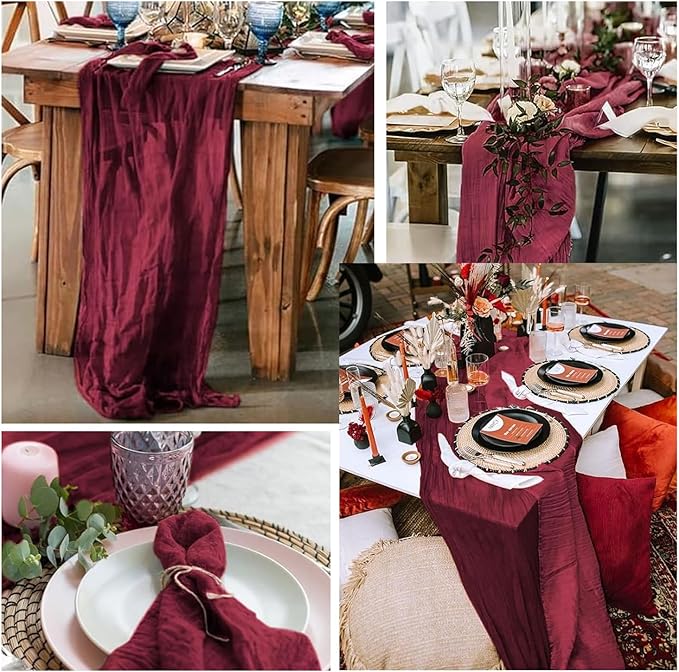 Burgundy 6 Pack Cheesecloth Table Runner 10FT Rustic Gauze Cheese Cloth Table Runner for Wedding Bridal Baby Shower Table Decor 20 x 120 Inch Long Boho Fabric Sheer Birthday Party Table Decorations