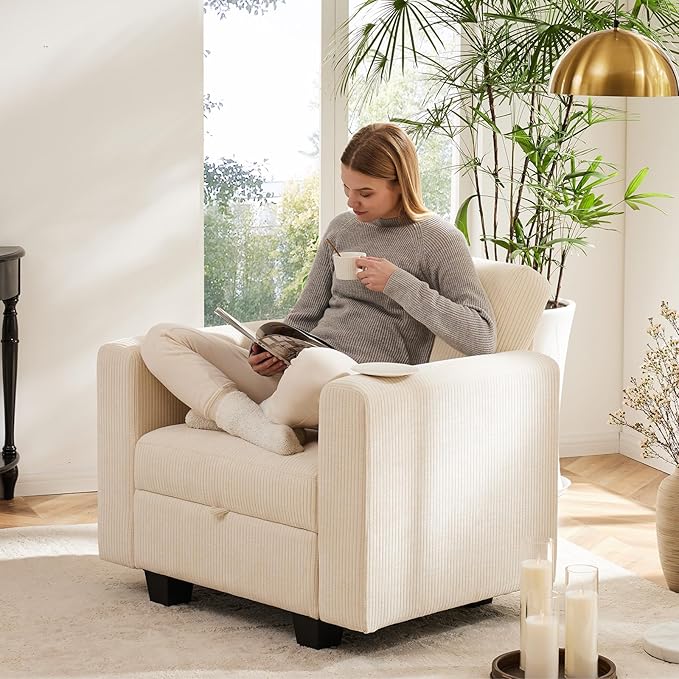 38.5 Oversized Accent Chair with Storage Ivory Corduroy, Single Modern Accent Sofa Chair with Arms for Apartment Living Room (21" Deep Seat)