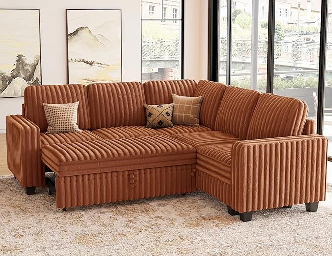 Belffin Plush Corduroy Modular Sectional Sofa with Pull Out Bed Convertible Small Sectional Corner Couch for Living Room Brick Red Couch