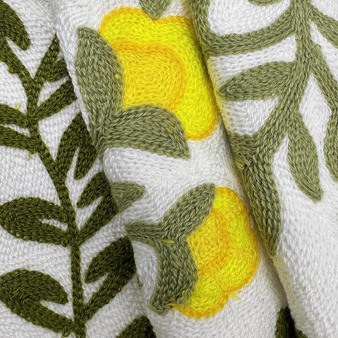 Alysheer Floral Embroidered Summer Decorative Throw Pillow Cover 18"x 18" Set of 2, Farmhouse Cottage Yellow Flower Green Leaves Patterned Cotton Cushion Case for Couch Bed Living Room Outdoor Decor