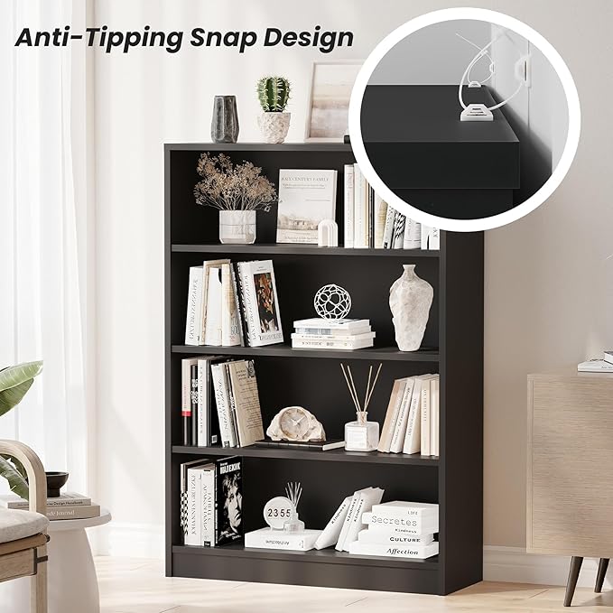 Bookshelf, Open Modern Bookshelf, 4 Shelf Bookcase with Freestanding Display Storage, Wooden Book Shelf for Bedroom, Living Room, Dinning Room, Office, 48 Inch, Gray