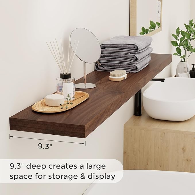 55 Inch Floating Shelves Set of 2, Rustic 55 x 9 Floating Shelf for Wall, 9 Inch Deep Wall Shelves Invisible Bracket, Large Deep Shelving for Bedroom, Kicten, Living Room, Walnut Color