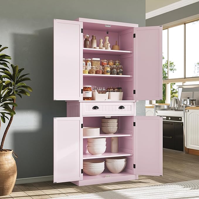 ARTPOWER 72" Tall Kitchen Pantry Storage Cabinet with Drawer and Adjustable Shelves, Pantry Cabinet for Kitchen, Bathroom or Hallway, Pink
