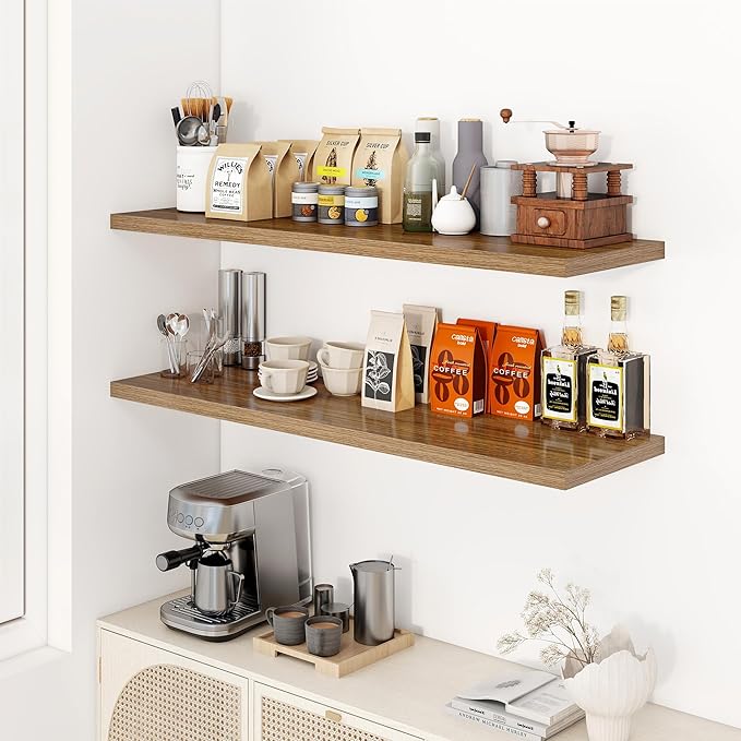 48" Floating Shelves for Wall, 12" Deep Slim Walnut Floating Shelves, Wall-Mounted Shelves for Bedroom, Living Room, Kitchen, Bathroom - Set of 2