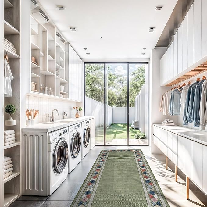 Beverly Rug Outdoor Runner Rug 2x7 Modern Floral Bordered Area Rugs for Indoor and Outdoor Patio Easy to Clean Non Shedding Living Room Porch Garden Washable Outside Carpet (2 x 7 Green)